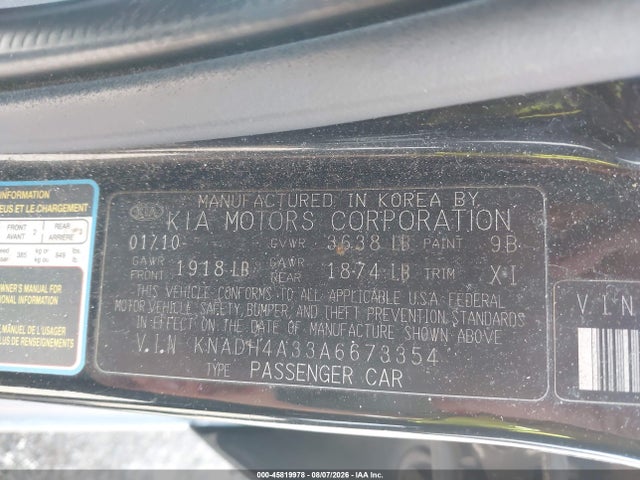 Aukcja sprzedaży 2010 Kia Rio, vin: KNADH4A33A6673354, numer aukcji: 45819978