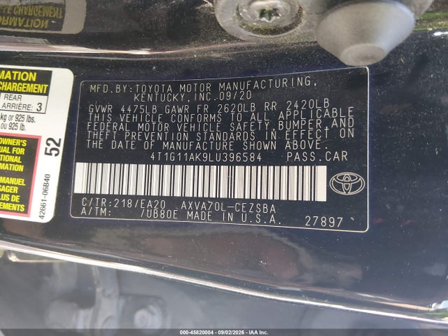 Toyota CAMRY SE 2020 4T1G11AK9LU396584 Image 9