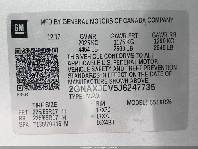 45820005 :رقم المزاد ، 2GNAXJEV5J6247735 vin ، 2018 Chevrolet Equinox Lt مزاد بيع