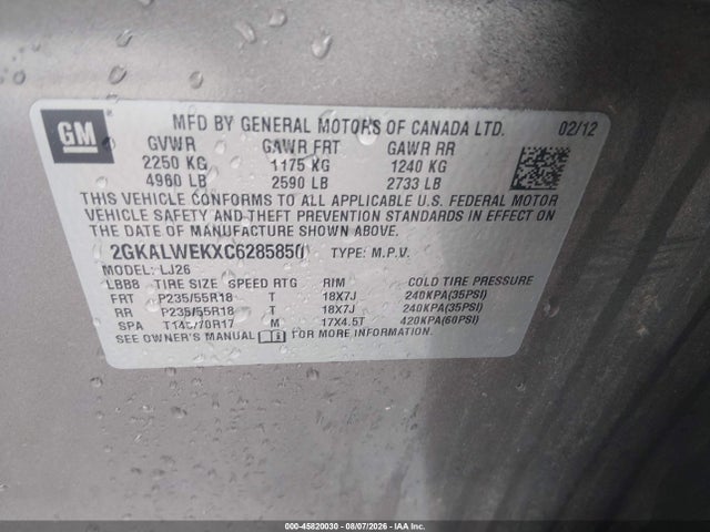 2012 Gmc Terrain Slt-2 მანქანა იყიდება აუქციონზე, vin: 2GKALWEKXC6285850, აუქციონის ნომერი: 45820030