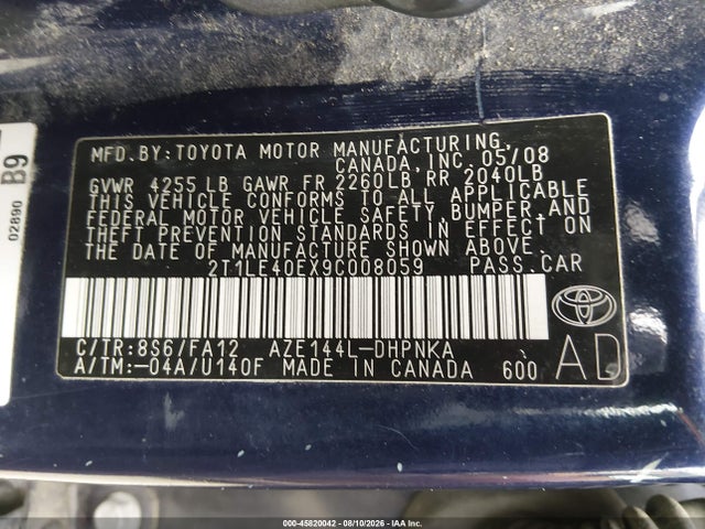 Aukcja sprzedaży 2009 Toyota Matrix S, vin: 2T1LE40EX9C008059, numer aukcji: 45820042