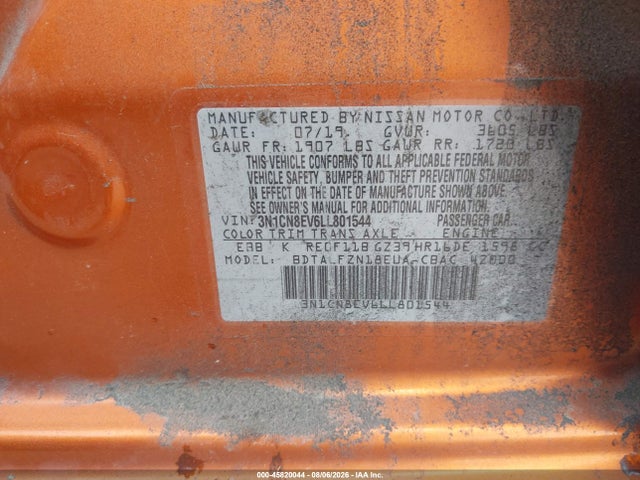 45820044 :رقم المزاد ، 3N1CN8EV6LL801544 vin ، 2020 Nissan Versa Sv Xtronic Cvt مزاد بيع