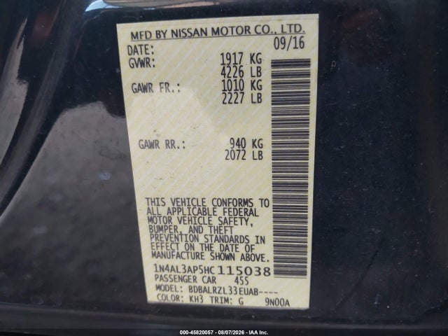 Aukcja sprzedaży 2017 Nissan Altima 2.5/2.5 S/2.5 Sl/2.5 Sr/2.5 Sv, vin: 1N4AL3AP5HC115038, numer aukcji: 45820057