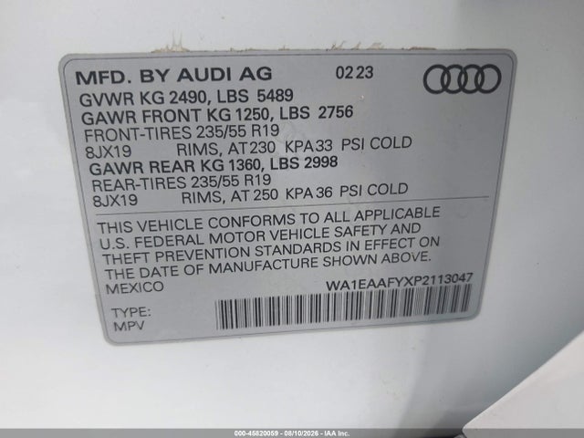 2023 Audi Q5 Premium Plus 45 Tfsi S Line Quattro მანქანა იყიდება აუქციონზე, vin: WA1EAAFYXP2113047, აუქციონის ნომერი: 45820059