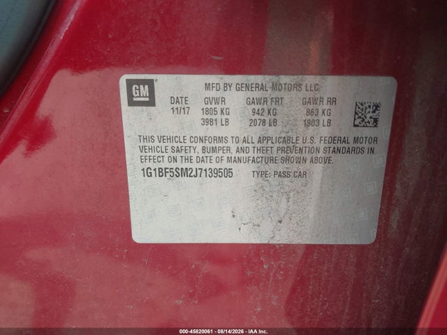 45820061 :رقم المزاد ، 1G1BF5SM2J7139505 vin ، 2018 Chevrolet Cruze Premier Auto مزاد بيع