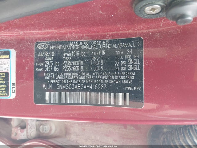Продаж на аукціоні авто 2010 Hyundai Santa Fe Gls, vin: 5NMSG3AB2AH416283, номер лоту: 45820069