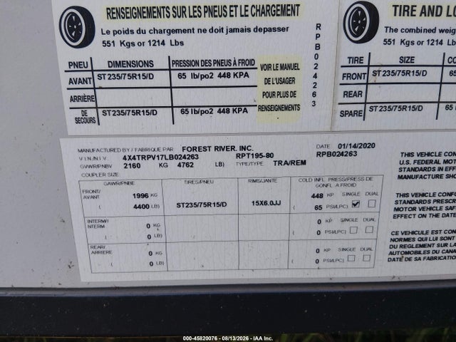 Продажа на аукционе авто 2020 Forest River Other, vin: 4X4TRPV17LB024263, номер лота: 45820076