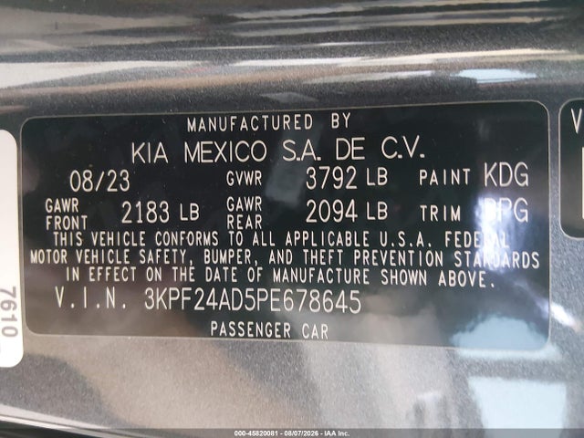 2023 Kia Forte Lxs მანქანა იყიდება აუქციონზე, vin: 3KPF24AD5PE678645, აუქციონის ნომერი: 45820081