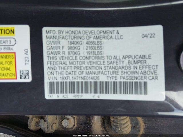 Продажа на аукционе авто 2022 Honda Civic Ex-l, vin: 19XFL1H71NE014626, номер лота: 45820085