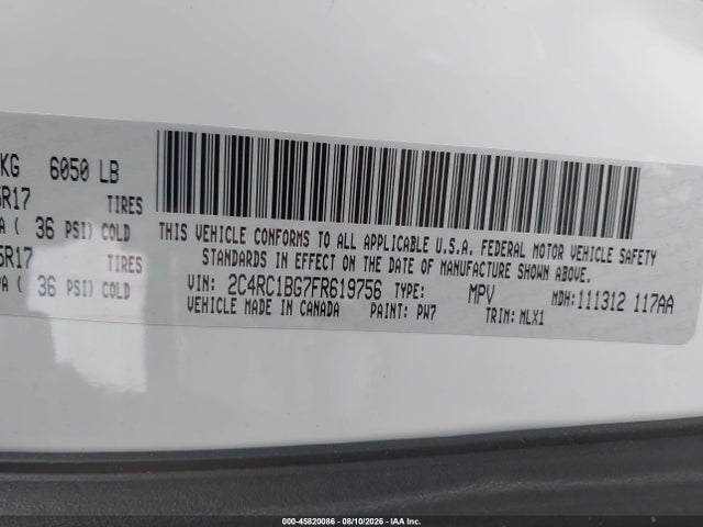 45820086 :رقم المزاد ، 2C4RC1BG7FR619756 vin ، 2015 Chrysler Town & Country Touring مزاد بيع