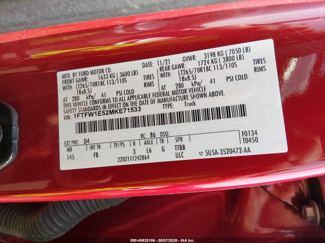 2021 Ford F-150 Xlt მანქანა იყიდება აუქციონზე, vin: 1FTFW1E52MKE71533, აუქციონის ნომერი: 45820106