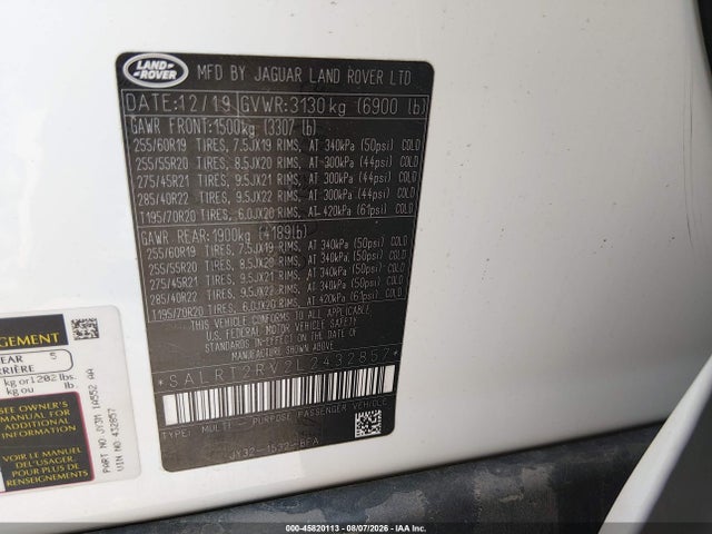 Aukcja sprzedaży 2020 Land Rover Discovery Hse Luxury, vin: SALRT2RV2L2432857, numer aukcji: 45820113