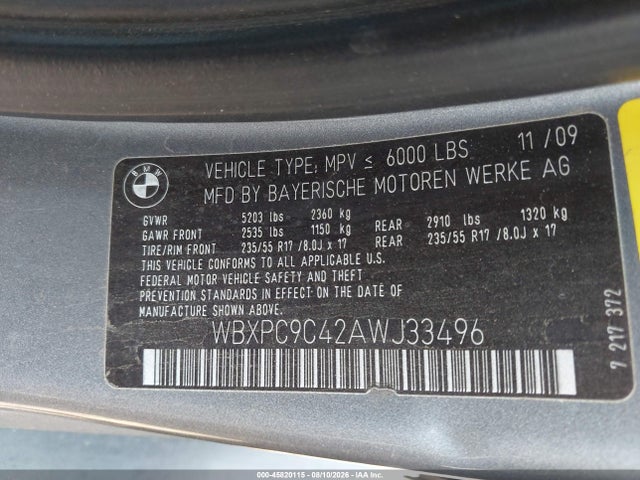 Aukcja sprzedaży 2010 Bmw X3 Xdrive30i, vin: WBXPC9C42AWJ33496, numer aukcji: 45820115