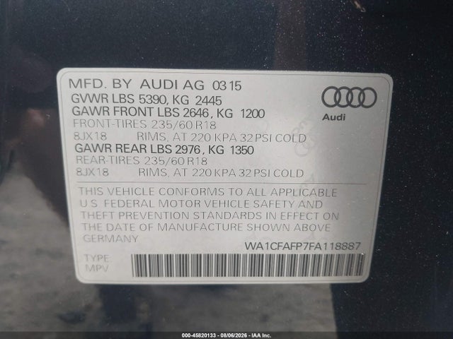 Продажа на аукционе авто 2015 Audi Q5 2.0t Premium, vin: WA1CFAFP7FA118887, номер лота: 45820133