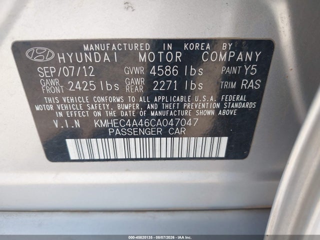 2012 Hyundai Sonata Hybrid მანქანა იყიდება აუქციონზე, vin: KMHEC4A46CA047047, აუქციონის ნომერი: 45820135
