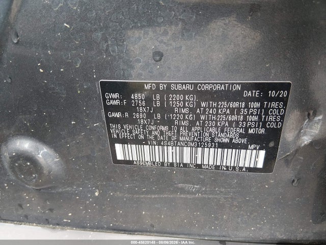 45820148 :رقم المزاد ، 4S4BTANC0M3125931 vin ، 2021 Subaru Outback Limited مزاد بيع