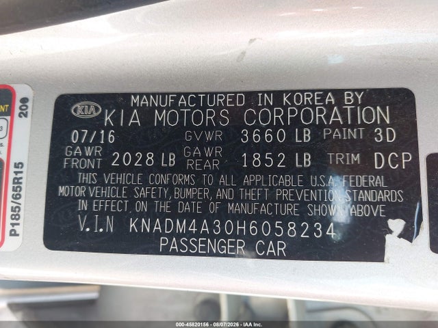 Продаж на аукціоні авто 2017 Kia Rio Lx, vin: KNADM4A30H6058234, номер лоту: 45820156