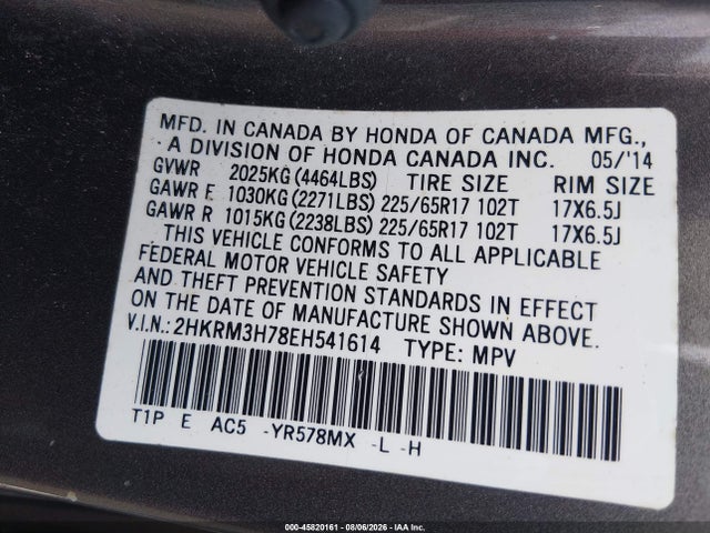 45820161 :رقم المزاد ، 2HKRM3H78EH541614 vin ، 2014 Honda Cr-v Ex-l مزاد بيع