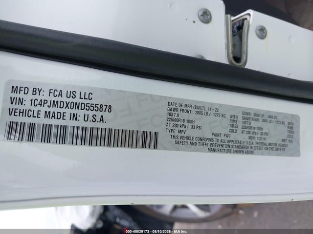 2022 Jeep Cherokee Limited 4x4 მანქანა იყიდება აუქციონზე, vin: 1C4PJMDX0ND555878, აუქციონის ნომერი: 45820173