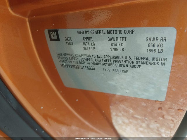 Auction sale of the 2007 Chevrolet Corvette, vin: 1G1YY25U975116936, lot number: 45820174