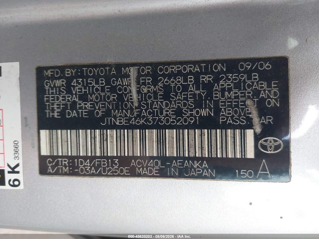 45820203 :رقم المزاد ، JTNBE46K373052091 vin ، 2007 Toyota Camry Ce/le/se/xle مزاد بيع
