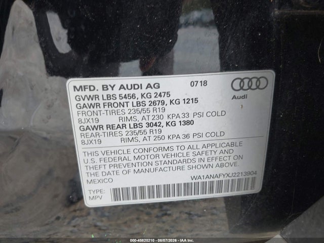 45820210 :رقم المزاد ، WA1ANAFYXJ2213904 vin ، 2018 Audi Q5 2.0t Premium/2.0t Tech Premium مزاد بيع