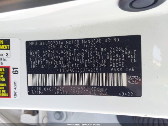 45820230 :رقم المزاد ، 4T1DAACK0SU142051 vin ، 2025 Toyota Camry Le مزاد بيع