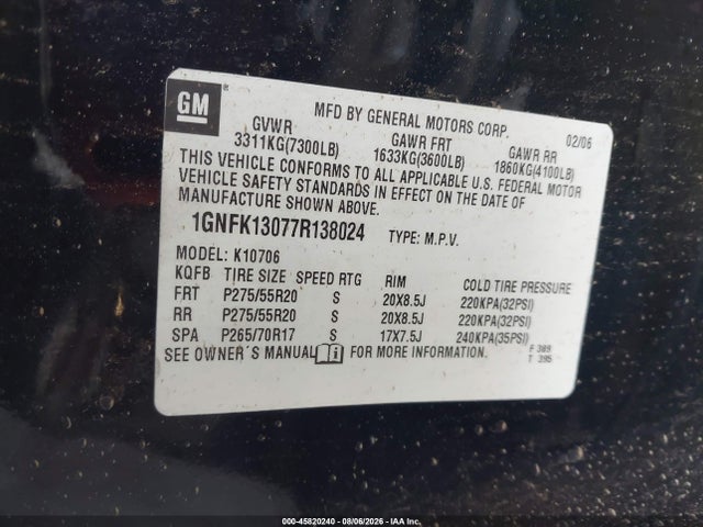 Продаж на аукціоні авто 2007 Chevrolet Tahoe Ltz, vin: 1GNFK13077R138024, номер лоту: 45820240