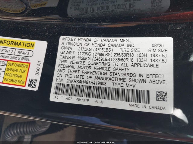 Продаж на аукціоні авто 2026 Honda Cr-v Ex Awd, vin: 2HKRS4H46TH419803, номер лоту: 45820244