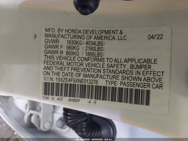 45820255 :رقم المزاد ، 19XZE4F9XNE013276 vin ، 2022 Honda Insight Touring مزاد بيع