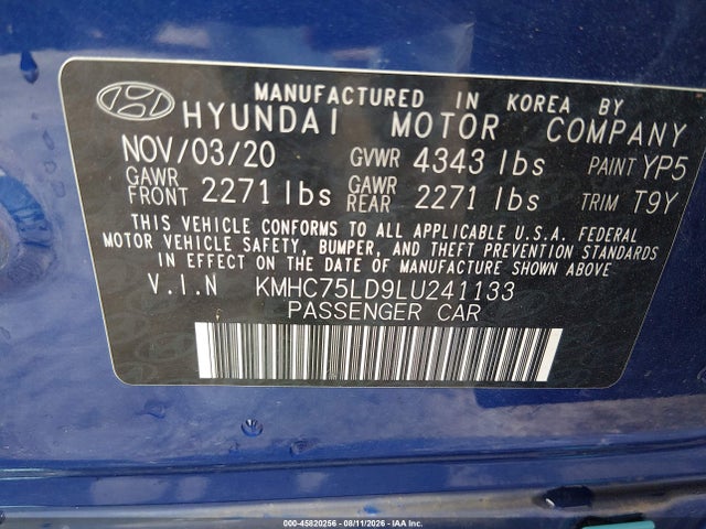 2020 Hyundai Ioniq Plug-in Hybrid Sel მანქანა იყიდება აუქციონზე, vin: KMHC75LD9LU241133, აუქციონის ნომერი: 45820256