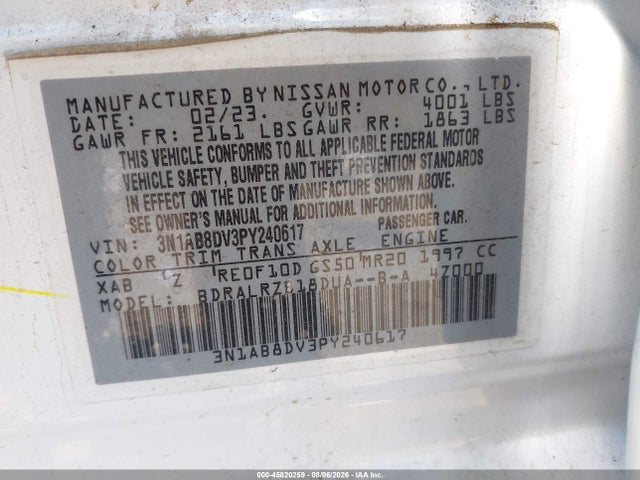 Продажа на аукционе авто 2023 Nissan Sentra Sr Xtronic Cvt, vin: 3N1AB8DV3PY240617, номер лота: 45820259