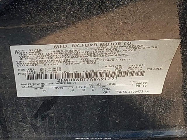 45820261 :رقم المزاد ، 2FMHK6DT7ABA91221 vin ، 2010 Ford Flex Limited مزاد بيع