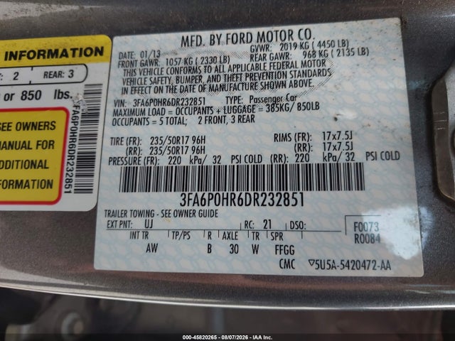 Продажа на аукционе авто 2013 Ford Fusion Se, vin: 3FA6P0HR6DR232851, номер лота: 45820265
