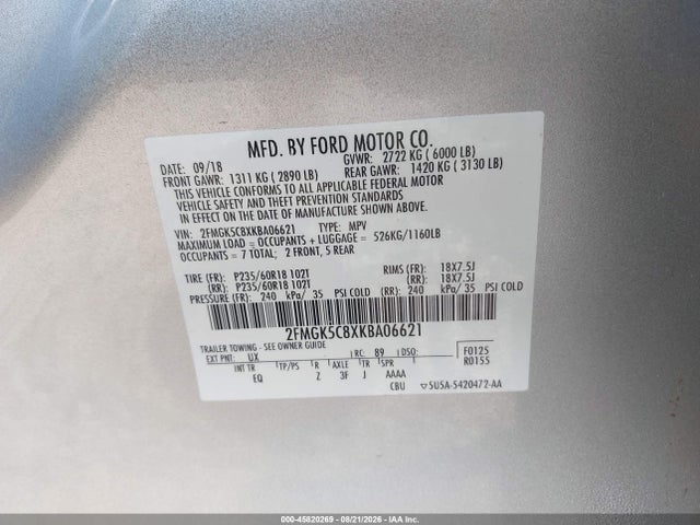 45820269 :رقم المزاد ، 2FMGK5C8XKBA06621 vin ، 2019 Ford Flex Sel مزاد بيع