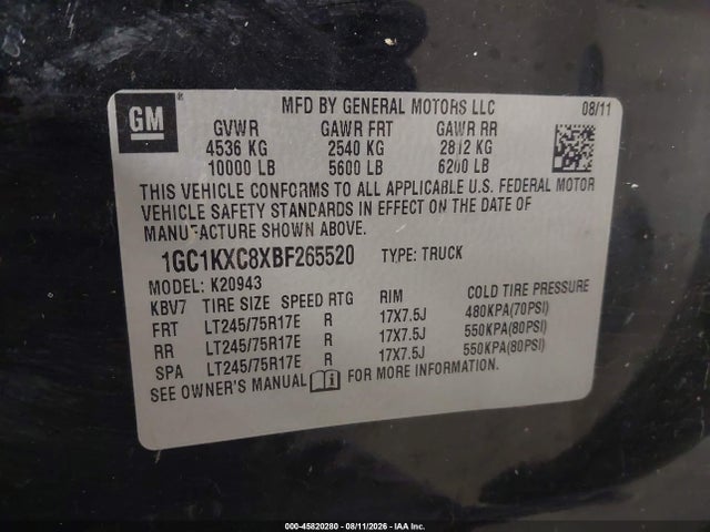 45820280 :رقم المزاد ، 1GC1KXC8XBF265520 vin ، 2011 Chevrolet Silverado 2500hd Lt مزاد بيع