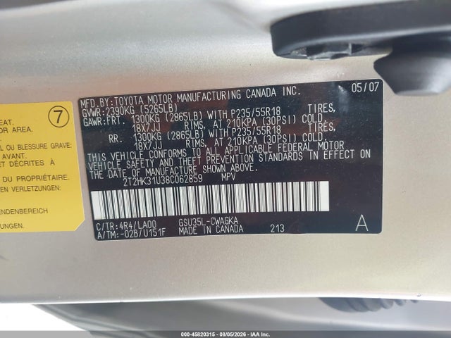 Продаж на аукціоні авто 2008 Lexus Rx 350, vin: 2T2HK31U38C062859, номер лоту: 45820315