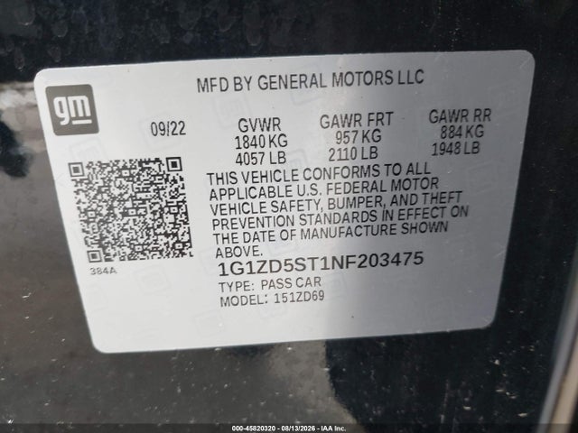 45820320 :رقم المزاد ، 1G1ZD5ST1NF203475 vin ، 2022 Chevrolet Malibu Fwd Lt مزاد بيع