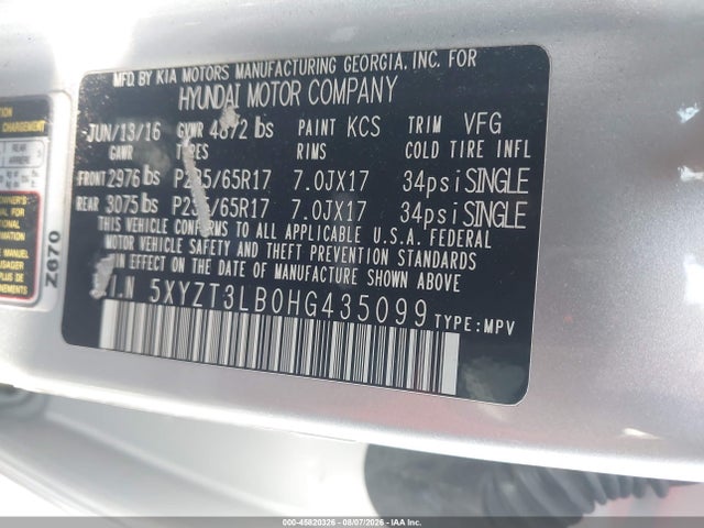 45820326 :رقم المزاد ، 5XYZT3LB0HG435099 vin ، 2017 Hyundai Santa Fe Sport 2.4l مزاد بيع