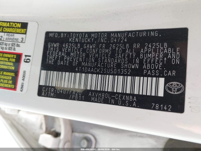 Aukcja sprzedaży 2025 Toyota Camry Le, vin: 4T1DAACK2SU501352, numer aukcji: 45820331