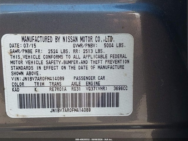 2015 Infiniti Q50 Premium მანქანა იყიდება აუქციონზე, vin: JN1BV7AR0FM414089, აუქციონის ნომერი: 45820332
