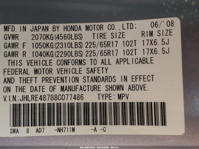 Продажа на аукционе авто 2008 Honda Cr-v Ex-l, vin: JHLRE48788C077486, номер лота: 45820335