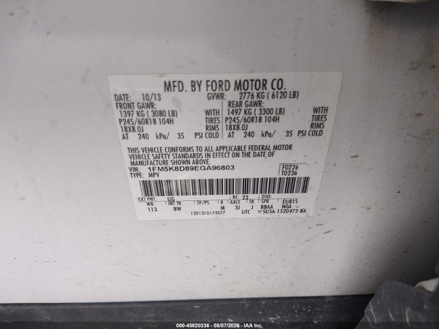 45820336 :رقم المزاد ، 1FM5K8D89EGA96803 vin ، 2014 Ford Explorer Xlt مزاد بيع