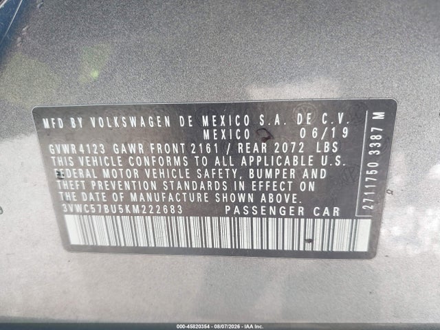 Продаж на аукціоні авто 2019 Volkswagen Jetta, vin: 3VWC57BU5KM222683, номер лоту: 45820354