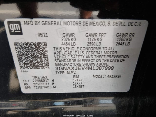 2021 Chevrolet Equinox Fwd 2fl მანქანა იყიდება აუქციონზე, vin: 3GNAXJEV4ML387999, აუქციონის ნომერი: 45820355