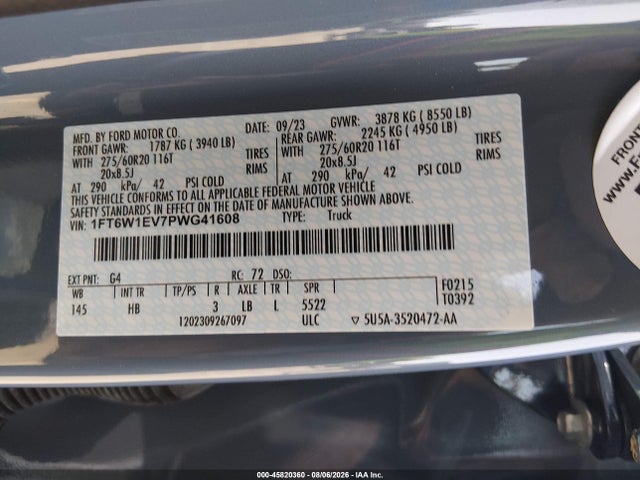 Aukcja sprzedaży 2023 Ford F-150 Lightning Lariat, vin: 1FT6W1EV7PWG41608, numer aukcji: 45820360