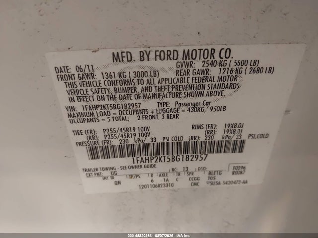 45820368 :رقم المزاد ، 1FAHP2KT5BG182957 vin ، 2011 Ford Taurus Sho مزاد بيع
