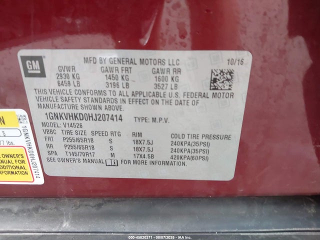 45820371 :رقم المزاد ، 1GNKVHKD0HJ207414 vin ، 2017 Chevrolet Traverse Lt مزاد بيع