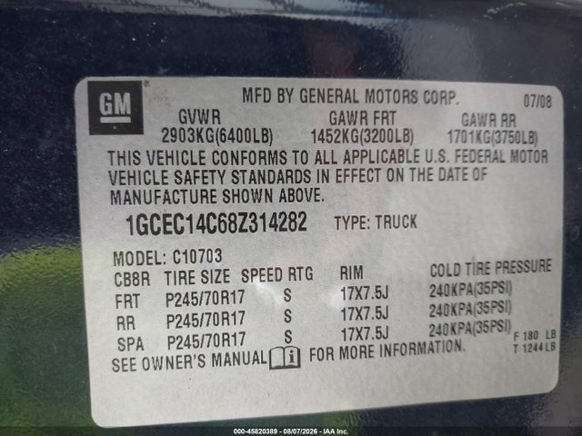2008 Chevrolet Silverado 1500 Lt1 მანქანა იყიდება აუქციონზე, vin: 1GCEC14C68Z314282, აუქციონის ნომერი: 45820389