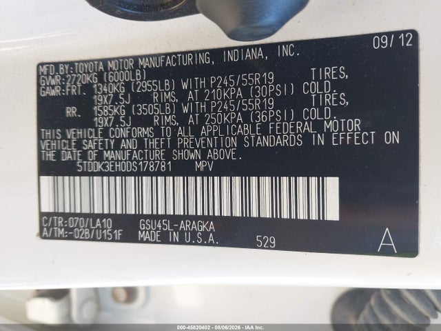 45820402 :رقم المزاد ، 5TDDK3EH0DS178781 vin ، 2013 Toyota Highlander Limited V6 مزاد بيع